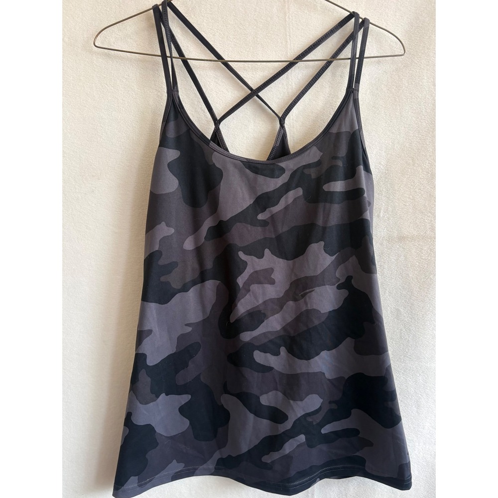 Old Navy Active Powersoft Camo Tank Top Built-in Bra Strappy Back Gray Black M